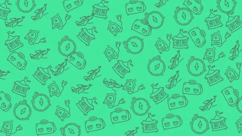 Playful pattern featuring travel-themed illustrations like compasses, backp.. Stock Footage 319586925