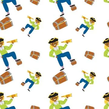 Playful pattern with young african pirate boy and treasure chest Illustrazione stock