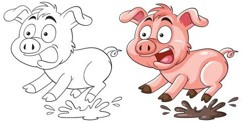 Playful Pig Jumping in Mud Puddle Stock Illustration