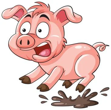Playful Pig Jumping in Mud Puddle Stock Illustration