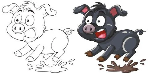 Playful Piglet Jumping in Mud Puddle Stock Illustration