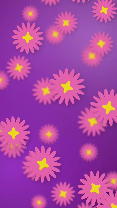 Playful Pink Flowers Falling Over Vibrant Purple Mesh Gradient Background Stock Footage 343472212