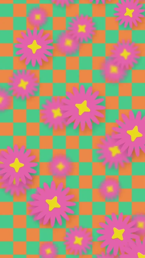 Playful Pink Flowers Falling Over Green and Orange Checkerboard Background Stock Footage 345314459
