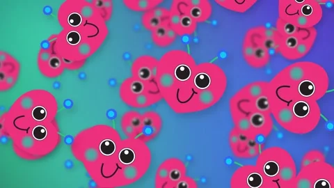 Playful Pink Heart Characters Falling Over Vibrant Mesh Gradient Background Stock Footage 343819875