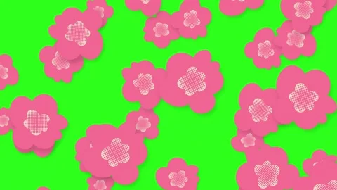 Playful Pink Stylized Flowers Falling Against a Vibrant Green Screen Background Stock Footage 345294020