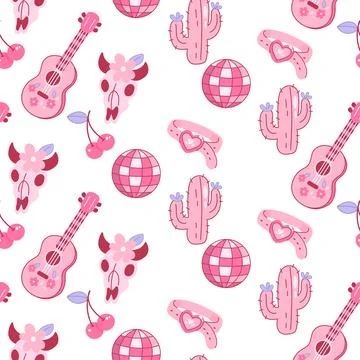 Playful Pink Western Pattern with Cute Elements 스톡 일러스트