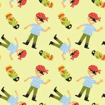 Playful pirate pattern with smiling child pirates and colorful parrots on yellow Illustrazione stock