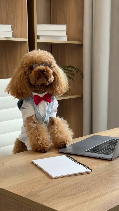 Playful poodle sitting at desk with papers and laptop, covering face with paw Video stock 343770261