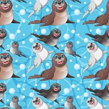 Playful Seals in Oceanic Pattern Stock Illustration