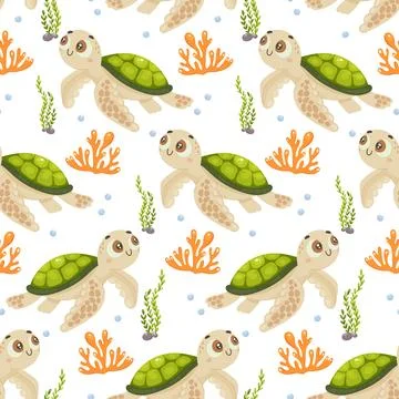 Playful seamless design featuring cute sea turtles and coral with water bubbl Stock Illustration