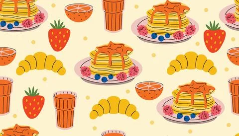 Playful seamless pattern with cartoon breakfast elements including pancakes.. Illustrazione stock