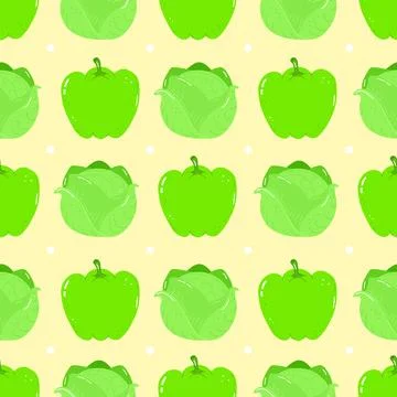 A playful, seamless pattern featuring green peppers and cabbages on a yello.. Stock Illustration