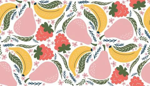 Playful seamless pattern featuring illustrations of raspberries, bananas, p.. Illustrazione stock