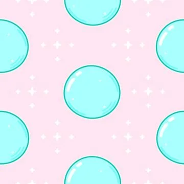 Playful seamless pattern featuring light blue bubbles and stars on a pink b.. Stock Illustration