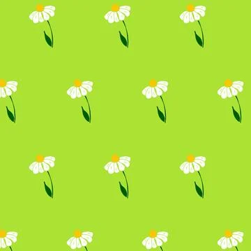 Playful seamless pattern with hand-drawn chamomile flowers on a vibrant gre.. Stock Illustration