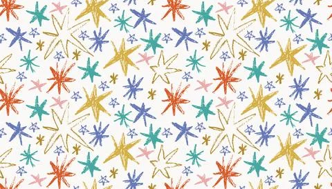 A playful, seamless pattern of hand drawn, colorful star shapes with a cray.. Stock Illustration