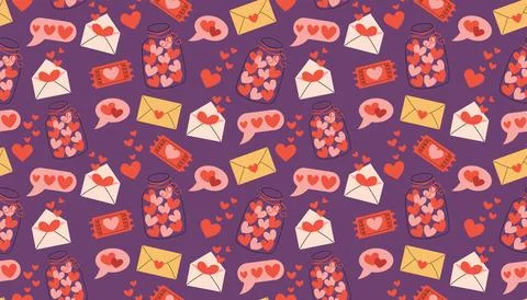 Playful seamless pattern with jar of hearts, heart messages, heart ticket a.. Stock Illustration