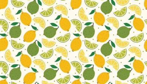 Playful seamless pattern of lemons, limes, juicy slices, leaves and dots. Bri Illustrazione stock