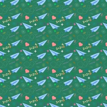 Playful seamless pattern with paper planes, equations, hearts and school supp Illustrazione stock