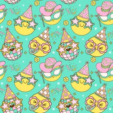 Playful Seamless Pattern Party New Year and Birthday Emoji Smile Face isola.. Stock Illustration