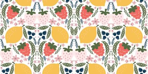 Playful seamless pattern with white strawberries, raspberries, lemons Stock Illustration