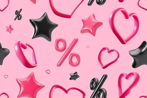 Playful, seamless Valentine's Day pattern with glossy 3D hearts, stars and pe Stock Photos