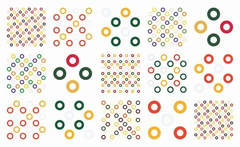 Playful set of seamless vector patterns with colorful rings and circles in gr Illustrazione stock