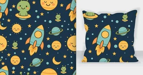 Playful Space Adventure Pattern Featuring Rockets, Planets, and Stars on a .. Stock Illustration