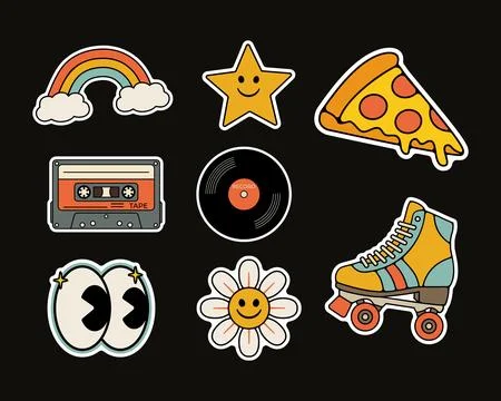 Playful Sticker Set Featuring Rainbow, Star, Pizza, Cassette, Vinyl, Eyes, Daisy イラスト素材