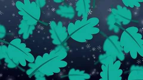 Playful Teal Leaves Falling Over Dark Blue Snowy Background Animation Stock Footage 342722119