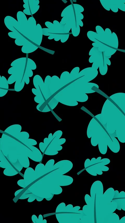 Playful Teal Oak Leaves Falling Against a Solid Black Background Stock Footage 345308274