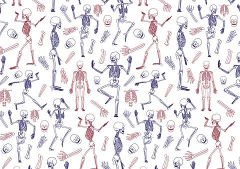 Playful, vector pattern of stylized skeletons poses, skulls, bones, head Stock Illustration