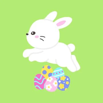 Playful White Rabbit Jumping Over Colorful Easter Eggs on Green Background Stock Illustration
