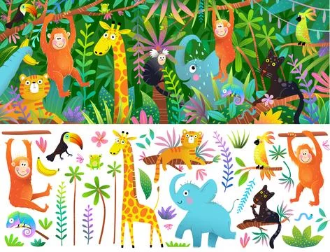 Playful Wild Animals in Wild Exotic Jungle Clipart Stock Illustration