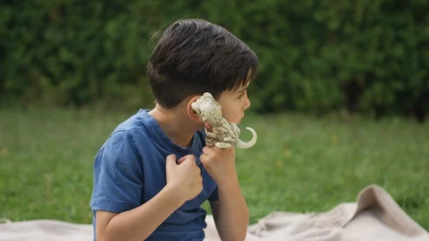 Playful young boy sitting in backyard pretending to be attacked by dinosaur Stock Footage 119991141