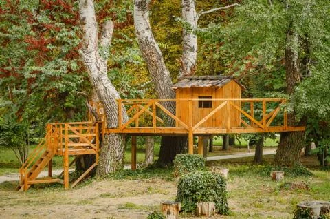 Playground between trees Stock Photos