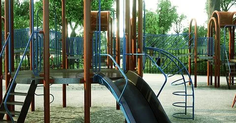 Playground with climbing structures and slides in a sunny park setting Ilustração Stock