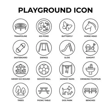 Playground icons collection featuring trampoline, koi pond, butterfly, hors.. Stock Illustration