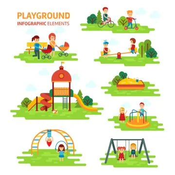 Playground infographic elements vector flat illustration, children play on the Illustrazione stock