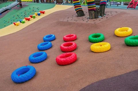 Playground with multi-colored tires Stock Photos