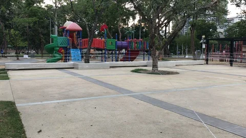 Playground at Park Completely Blocked Off To Stop Spread of Corona Virus Stock Footage 130096858