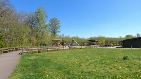 A playground in the park for games. Various ladders, slides, and swings. Vídeo Stock 331162801