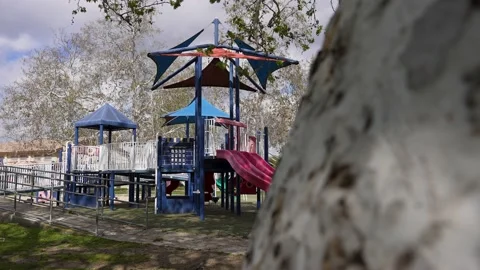Playground revealed behind tree trunk, slow motion Stock-Footage 234232136
