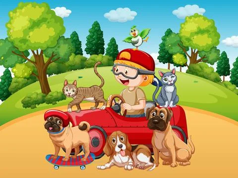 Playground scene with a boy playing with their dogs Stock Illustration