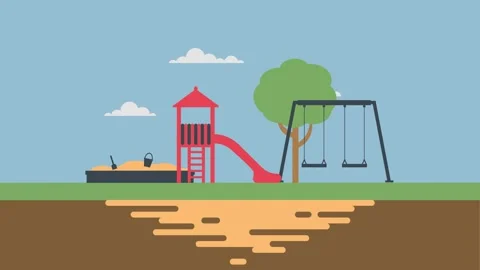 Playground Scene with Slide, Swings, Sandbox and Tree on a Sunny Day Stock Footage 341920006