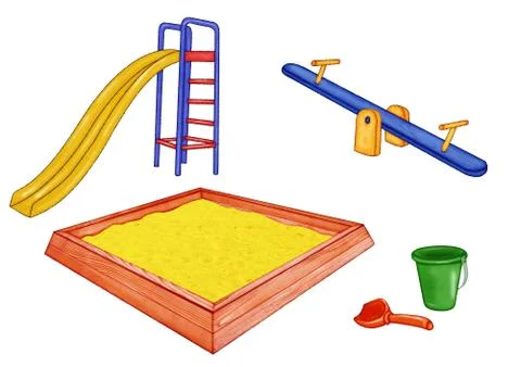 Playground set of objects slide, swing, sandbox, bucket, scoop. Illustration  Stock Illustration