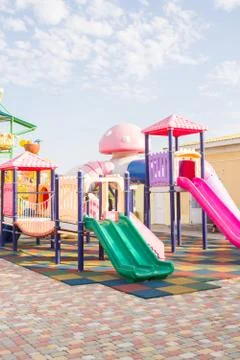 A Playground with slides in the summer Stock Photos