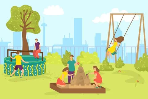 Playground in summer park, vector illustration. Cartoon childhood outdoor Stock Illustration