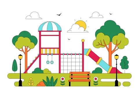 Playground Vector Illustration Featuring Colorful Kids Park With Slide Swin.. Stock Illustration