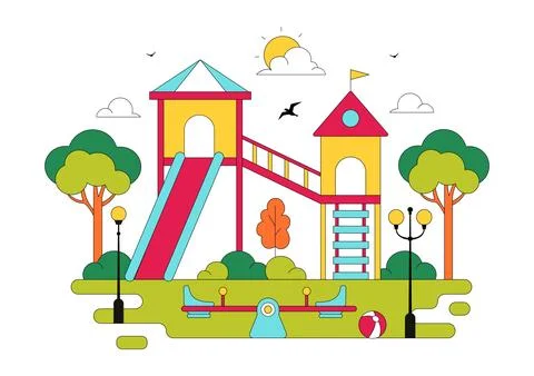 Playground Vector Illustration Featuring Colorful Kids Park With Slide Swin.. Stock Illustration